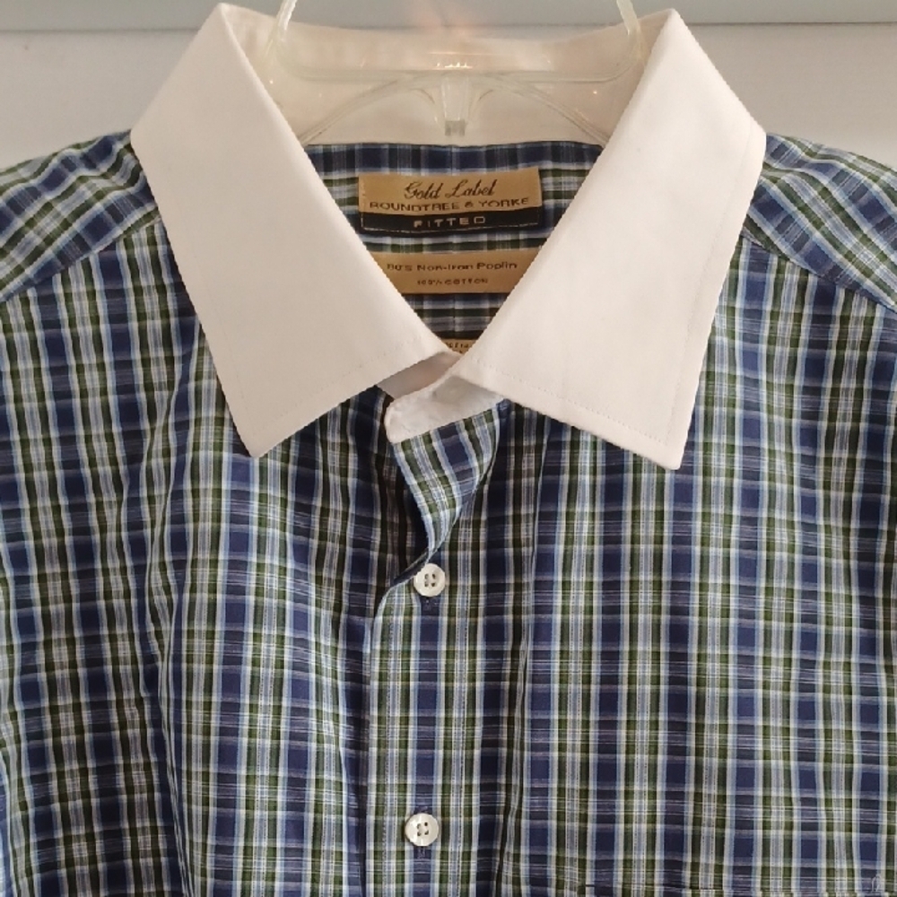 Roundtree & Yorke Navy & White Plaid Dress Shirt w/ White Collar - Picture 3 of 6